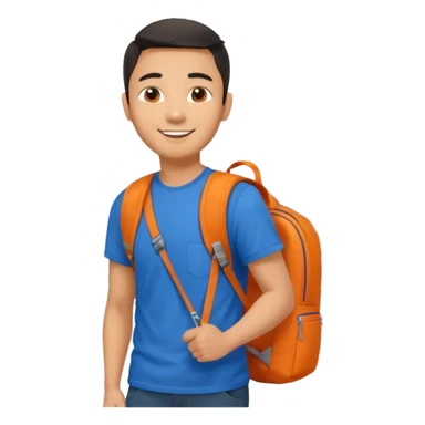 an asian man in blue t-shirt with orange backpack on the back. Eiffel tower on the background. shoulder length picture sticker