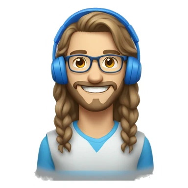 belarusian guy with long hair, with short bristle, glasses, with blue headset, smiling with grin  sticker
