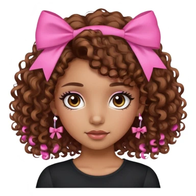 Caramel skin girl, with short-medium curly brown hair, brown eyes with lashes, and a pink bow on her hair, with a black shirt on. sticker