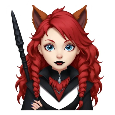  long curly red hair (darker), red pointed ears with black trim, black goth outfits, body and face human, blue eyes, more pointy chin, black lipstick, big fluffy red squirrel tail with black tips, like the attached photo with more outfits and poses,  sticker