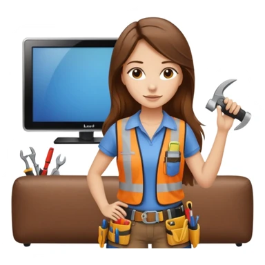 beautiful girl with long brown hair constructing new lounge room area with flat screen tv and couch sticker