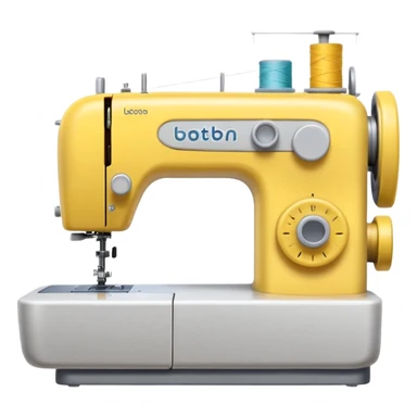 Emoji of a modern sewing machine inspired by a Brother machine. Soft, rounded shapes in the style of Apple emojis, with subtle gradients and soft shadows. White body with light gray details, a yellow spool on top sticker