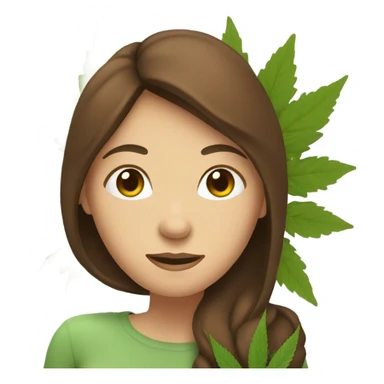Woman with brown hair hugging marijuana leaf sticker