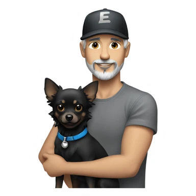 Handsome man with blue eyes wearing ball cap with grey hair and goatee beard holding all black long haired chihuahua sticker
