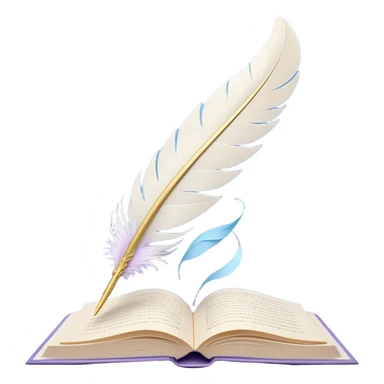 Create a delicate and poetic emoji representing poetry. The design should feature several elegantly flying pages with short poetic columns written on them. The pages should appear light and flowing, almost as if being carried by the wind. Include a white feather gently resting on the pages, symbolizing creativity and inspiration. Use soft, pastel tones like light blues, purples, and creams to give it a dreamy, artistic feel. The design should feel ethereal and whimsical, capturing the essence of poetry. Make the background transparent. sticker