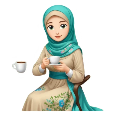 Turkish beautiful finish Konya girls blue eyes with Beautiful light brown green floral hijab long tail dress and in a lovely garden sits on the chair on the ground and holds cup coffe with her hand  sticker