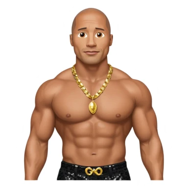 Dwayne Johnson with black sequin baggy pants, shirtless with necklace sticker