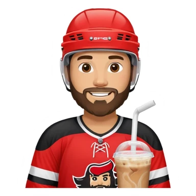 hockey player with a beard with iced coffee in red and black jersey wearing a hockey helmet smiling missing teeth  sticker