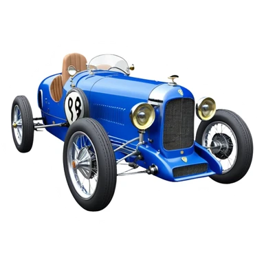  Hazy-blue Fenderless extended-wheelbase 1932 luxury racing Ferrari lowered powerful V-8 engined racing cycle car featuring advanced rugged 4 wheel independent suspension, power steering, disc brakes, small leather covered steering wheel, side mounted cowl exhaust  sticker