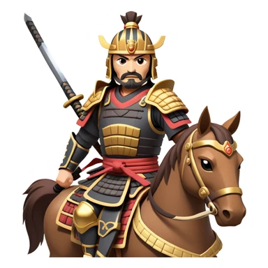 clash-of-clans-aesthetic_-cinematic-fearsome-and-majestic-samurai-bust-portrait-emoji, rendered in a flat, vector-style with minimal shading and bold, simplified shapes typical of emoji art, depicting a battle-hardened samurai with steely eyes and traditional Japanese armor, riding a noble warhorse adorned with an intricately designed saddle and fluttering banners, against a backdrop of cherry blossoms and a rising sun. sticker
