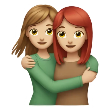 Two Caucasian girls hugging, 1 with long brown hair and brown eyes, 1 with red hair and bangs with green eyes sticker