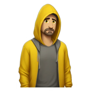 Armenian men with yellow hoodie with unhappy face expressinon and broken heart sticker
