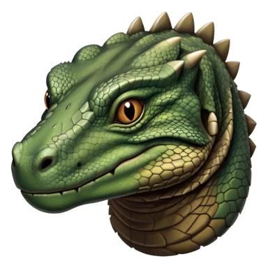 Cinematic Realistic Noble Komodo Dragon Portrait Emoji, Poised and imposing, with a massive, rugged build and a weathered, intricately scaled hide in earthy olive and dark tones, a distinct, powerful head with sharply defined features and piercing eyes, rendered in lifelike detail with natural texture and shadow, high shine, intelligent and formidable, styled with an air of ancient reptilian authority, focused and attentive, soft glowing outline, capturing the essence of a watchful and commanding Komodo dragon that appears ready to emerge from the screen with raw power! sticker