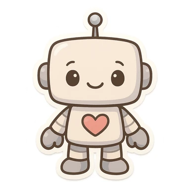 chibi style robot with a heart on its chest, friendly expression sticker