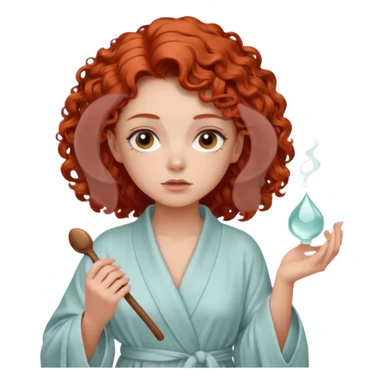 Cartoon emoji of a girl with voluminous curly red hair, fair skin, warm brown eyes. Wearing a chic milky silk robe with long sleeves, no makeup. Portrait mode, holding a gua sha, looking doubtful and unsure. Smooth, simple, stylized." sticker