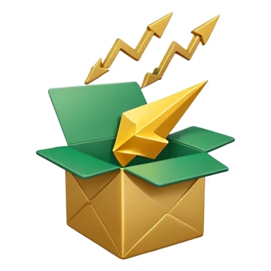 3D minimal open box with small floating icons coming out (envelope, lightning bolt, star), soft matte finish, deep green (#0B3D2C) box, gold (#C9B037) floating icons, Apple style, ultra clean and sleek, very soft ambient shadow, transparent background sticker