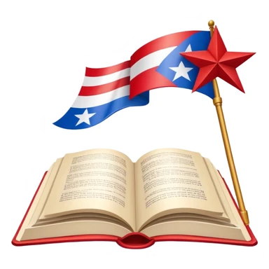 Scenic design book with Puerto Rican flag colors and pattern flowing through its pages, theater stage elements and flag's star incorporated into book design sticker