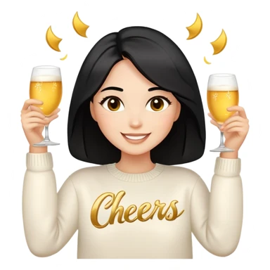 A woman with shoulder-length black hair, light to medium skin tone, full cheeks, and almond-shaped eyes, wearing a white sweater with the word 'cheers' in gold script, lying comfortably on a bed with soft lighting, joyful and radiant expression, emoji style, no drinks. sticker