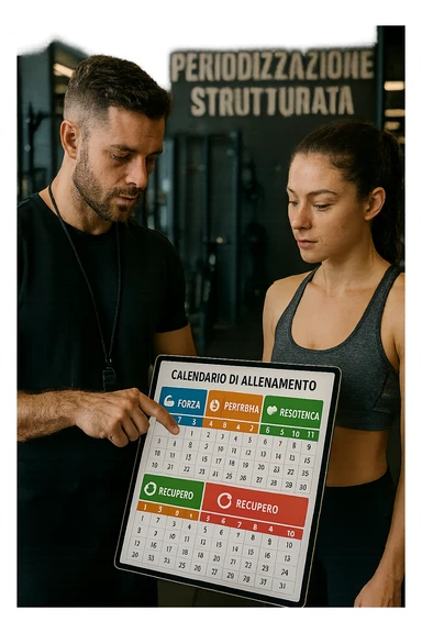 realistic cinematic photo a personal trainer and a client stand in a modern gym, reviewing a large, color-coded training calendar or chart on a tablet. The calendar shows different phases (Forza, Ipertrofia, Resistenza, Recupero) with icons and dates. Around them, gym equipment and motivational posters reinforce the idea of structured, periodized training. in italiano sticker
