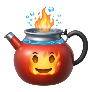 Ultra detailed 3D Apple-style emoji of a small pot or kettle filled with water placed on fire, the water is boiling intensely with visible steam and bubbles rising, bright lighting, clean white background, high-quality realistic emoji rendering. sticker