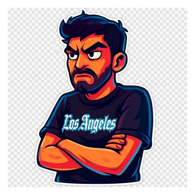 Convert the photo to a cartoon sticker in the style of Flux Pro with an angry expression and transparent background. The style should reflect the vibrant and pop colors typical of Flux Pro cartoon stickers. sticker