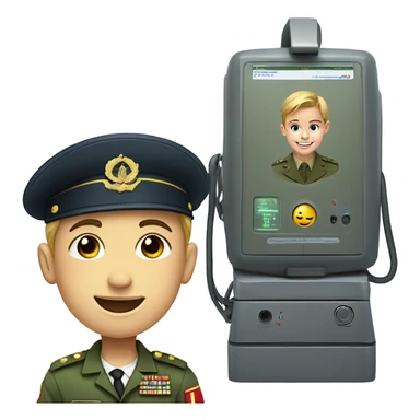 smiling boy in military uniform taking lie detector sticker