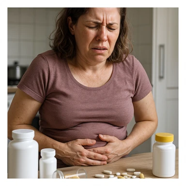 hyper realistic image of a woman with strong intestinal problems caused by supplements, expression of discomfort, abdominal bloating, supplements on the table, clinical details, everyday environment sticker