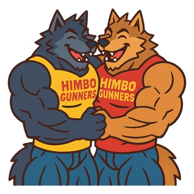 two hyper-muscular wolf furry characters in 'Himbo gunners' t-shirts, hugging, big smiles, playful and affectionate, oversized muscles sticker