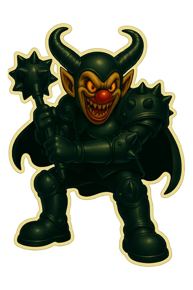 A menacing armored clown with ram horns, glossy black on matte black armor, short cape, large but not comically oversized black clown shoes, oversized spiked mace with the head hanging down in a relaxed pose, spikes on knee, elbow, and shoulder armor, glowing gold-red eyes, vibrant retro stickers style, no yellow aged tint, full body, transparent background. The clown is talking, mouth open as if speaking. sticker