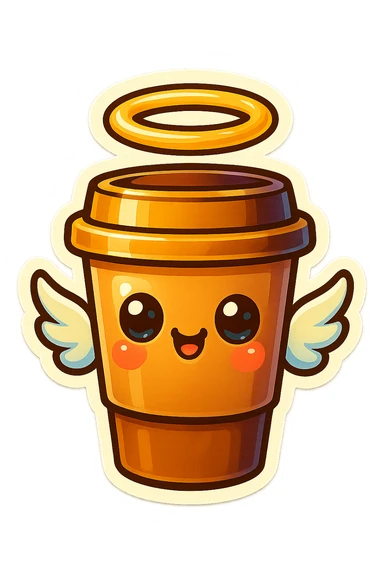 Tall coffee cup, shiney eyes, angel halo, wings sticker