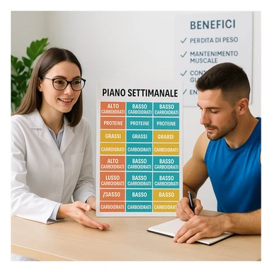 a nutritionist and an athlete sitting at a table with a vertical weekly planner showing alternating high-carb and low-carb days, color-coded sections for proteins, fats, and carbohydrates, text in Italian written vertically. The atmosphere is educational and professional, the athlete is taking notes, and a chart showing benefits is in the background. sticker