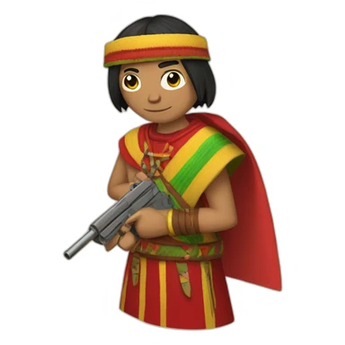 An Inca man, neck-length black hair, wearing a red headband and wearing a red poncho (with yellow, green and red lines) and holding a pistol sticker