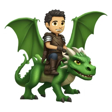 Determined armored White Man with dark brown pompadour hair and a short beard riding on the back of a giant green dragon sticker