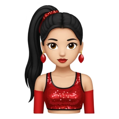 Jade from Bratz with long black ponytail hair, light skin, brown eyes, red sequin crop top sticker