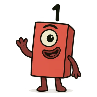 Numberblock 1, red block with a single eye and a smiling face, simple friendly cartoon style, playful and minimalistic, kids cartoon style sticker
