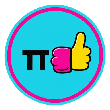 Minimalist sticker with white 'tt' letters on a black circle with cyan, magenta, and yellow dots below, thumbs up gesture with street style influence sticker