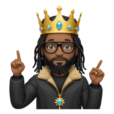 African American man with shoulder length black dreadlocks with black beard wearing black sunglasses wearing Crown on his head wearing a black bubble mens winter coat pointing at himself sticker
