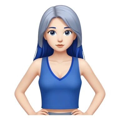 hyperrealistic caucasian, larger on top, cobalt  blue long straight hair, white deep v-neck crop tanktop, gray tight mini skirt sticker