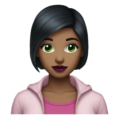 Girl with short black hair and dark green eyes with dark pink lipstick sticker