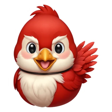 Chibi red male cardinal laughing with eyes closed and beak wide open, soft glowing cheeks, cozy cartoon emoji. sticker