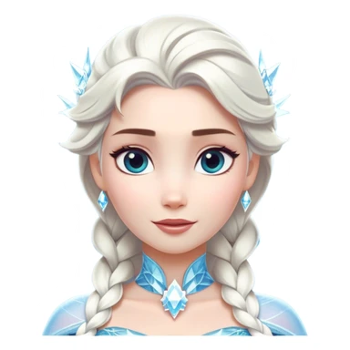 Cinematic Majestic Snow Queen Portrait Emoji, rendered in a clean, vector-style with bold, simplified shapes. Show Elsa with a serene, noble expression, luminous icy skin and gracefully styled platinum hair adorned with subtle crystalline accents, her attire minimal yet majestic. The design radiates a cool, crystalline glow with high shine and a soft glowing outline, embodying timeless, frosty elegance. sticker