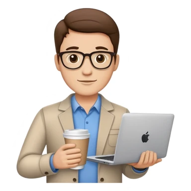 business owner confidently, holding a closed laptop in one hand and a takeaway coffee cup in the other. The character wears casual-smart clothes. sticker