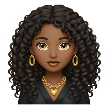beautiful female memoji, dark skin tone, long black curly hair, golden undertones, striking eyes, luxurious and mysterious sticker