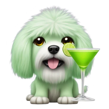 lime green fluffy dog with pointy ears with a martini sticker