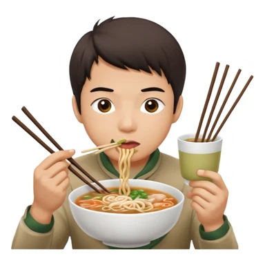 can you generate me a avatar of a male eating a bowl of pho? make it more anime. Make the person slurping on the noodles. only one pair of chopsticks sticker