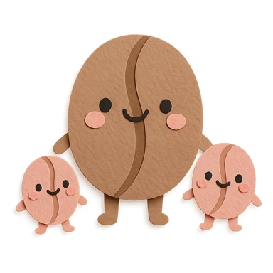 kawaii coffee bean character family, big bean and two small beans, soft pastel colors, full body sticker