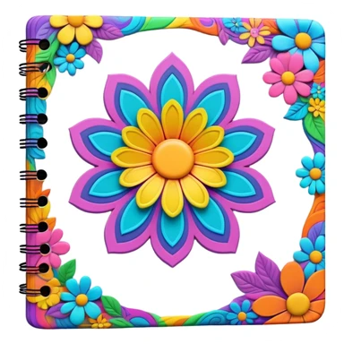 3D, psychedelic colored note pad with hippie style flower border sticker