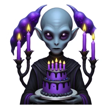 A tall mysterious alien holding a gothic black birthday cake with glowing purple candles, dark foggy alien planet, bioluminescent plants, dramatic shadows, dark fantasy sci-fi art, hyper detailed, moody lighting

 sticker
