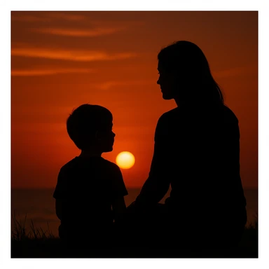 Silhouette of a mother and son watching the sunset together, serene and artistic sticker