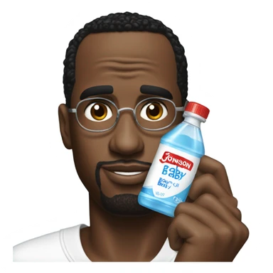 P-diddy holding a bottle of johnson and johnson baby oil sticker